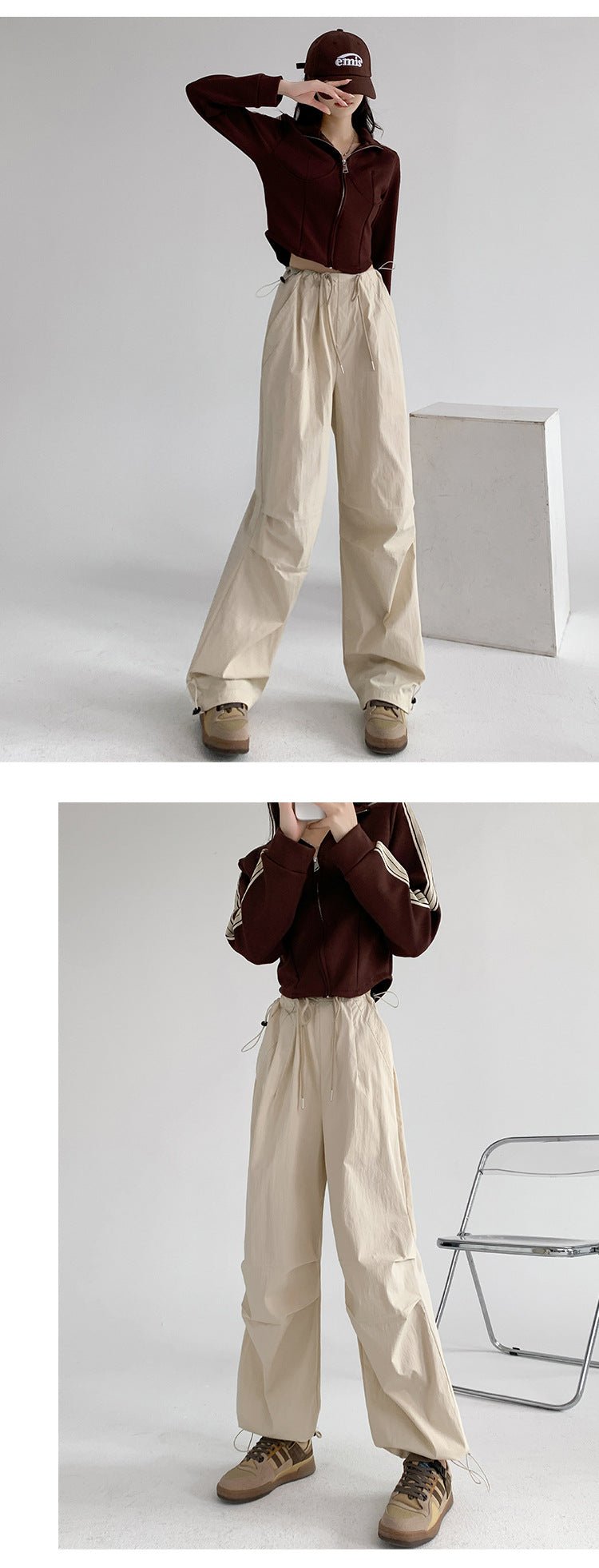 Retro style overalls women's pants women's summer thin high waist straight parachute pants casual wide leg sports pants - Negative Apparel
