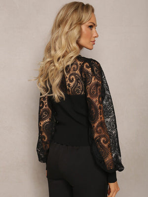 Retro trend long - sleeved T-shirt round neck hollow lace lace high - quality tops - Negative Apparel