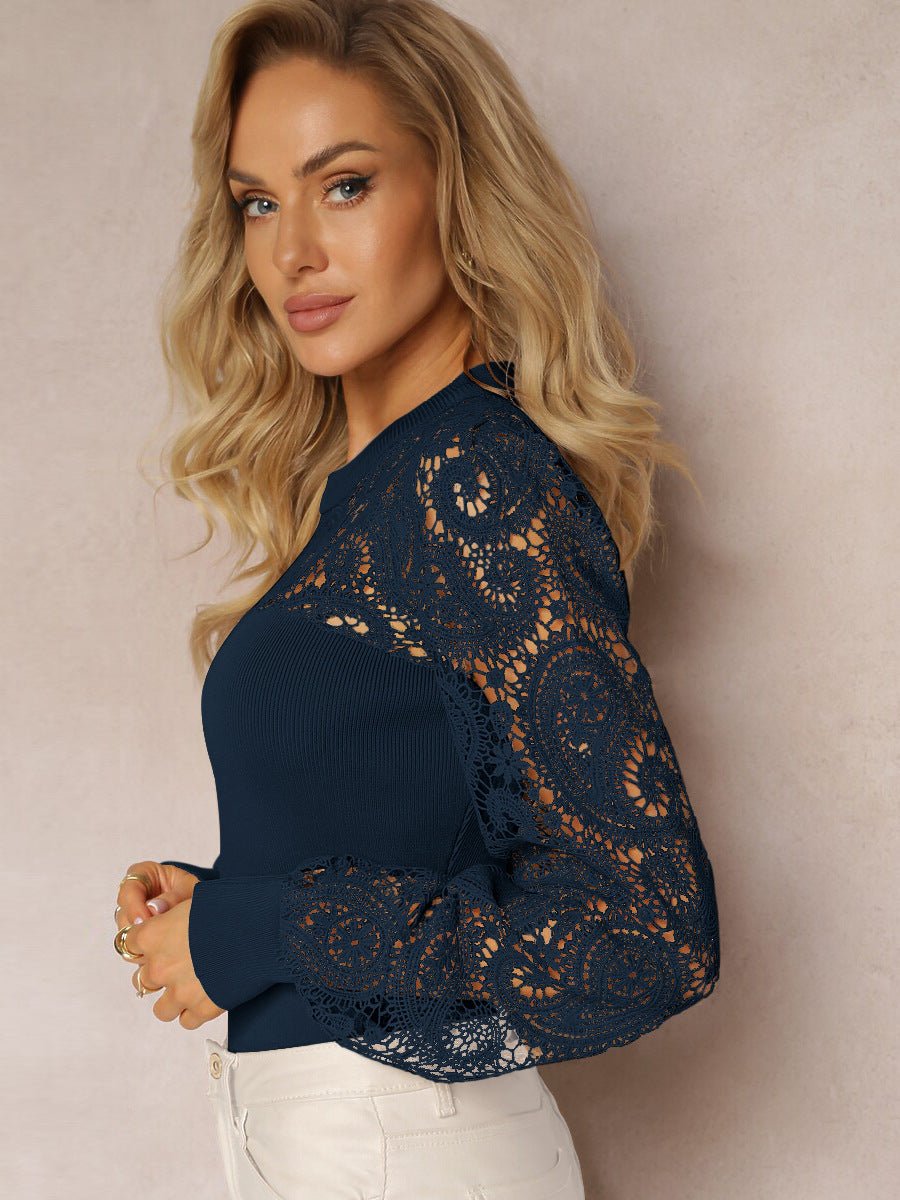 Retro trend long - sleeved T-shirt round neck hollow lace lace high - quality tops - Negative Apparel