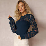 Retro trend long - sleeved T-shirt round neck hollow lace lace high - quality tops - Negative Apparel