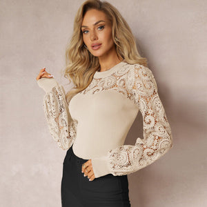 Retro trend long - sleeved T-shirt round neck hollow lace lace high - quality tops - Negative Apparel