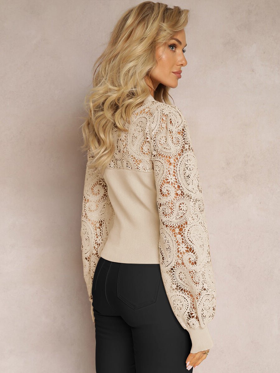 Retro trend long - sleeved T-shirt round neck hollow lace lace high - quality tops - Negative Apparel