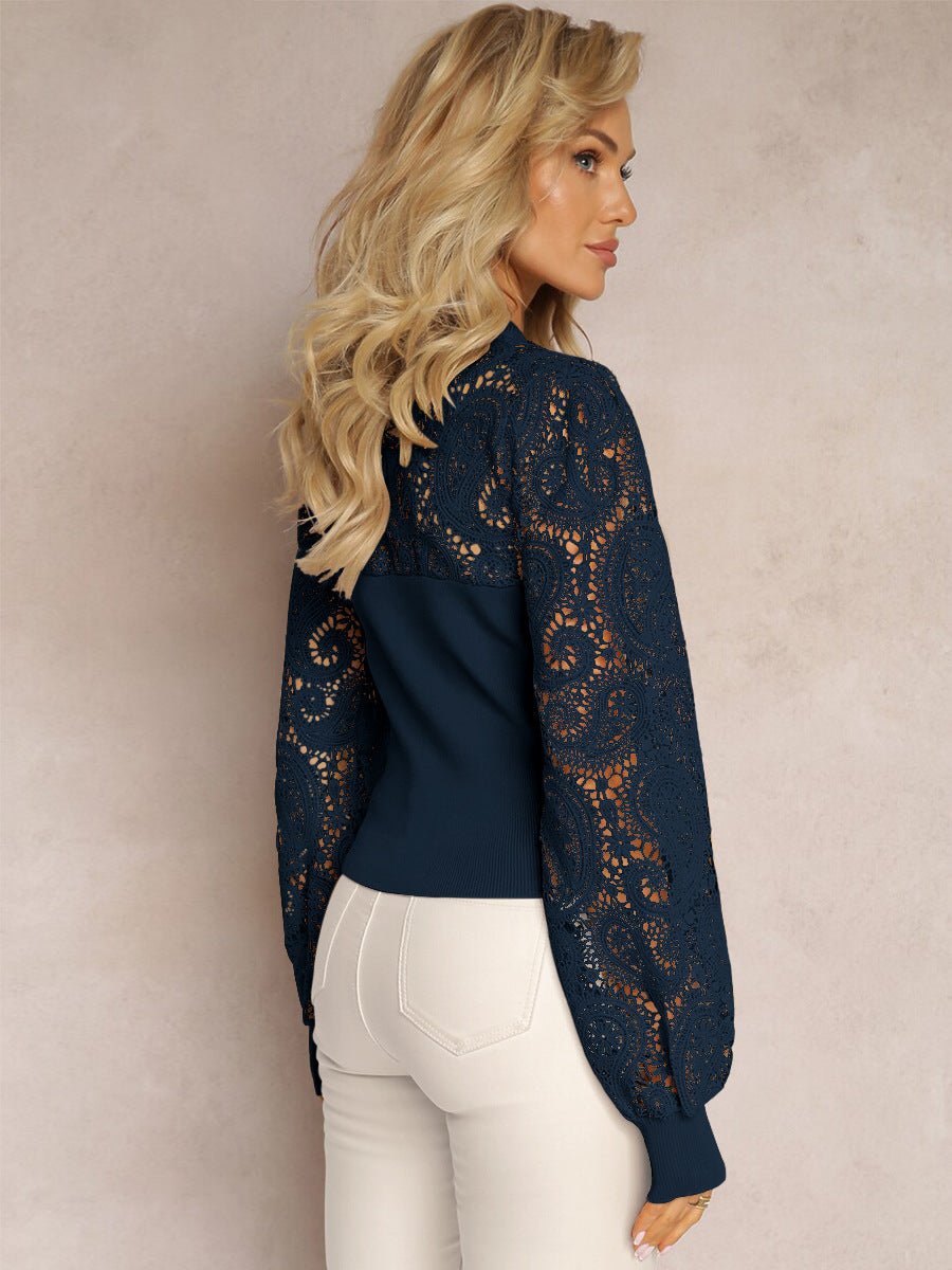 Retro trend long - sleeved T-shirt round neck hollow lace lace high - quality tops - Negative Apparel