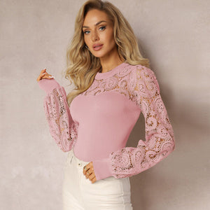 Retro trend long - sleeved T-shirt round neck hollow lace lace high - quality tops - Negative Apparel