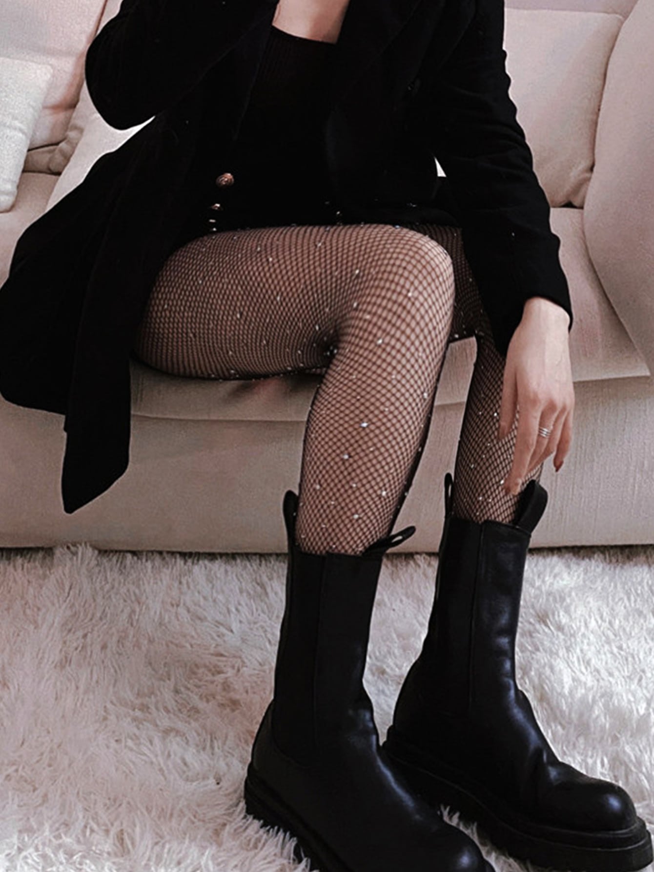 Rhinestone Decor Fishnet Tights - Negative Apparel