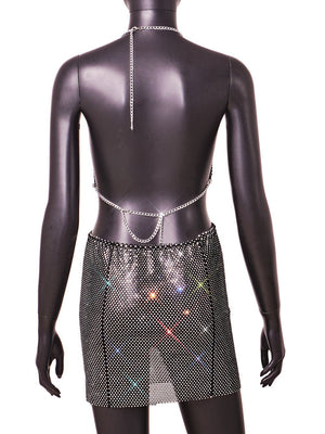 Rhinestone fishing net nightclub sexy backless short bikini top (skirt not included) - Negative Apparel