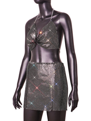 Rhinestone fishing net nightclub sexy backless short bikini top (skirt not included) - Negative Apparel