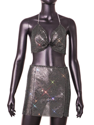 Rhinestone fishing net nightclub sexy backless short bikini top (skirt not included) - Negative Apparel