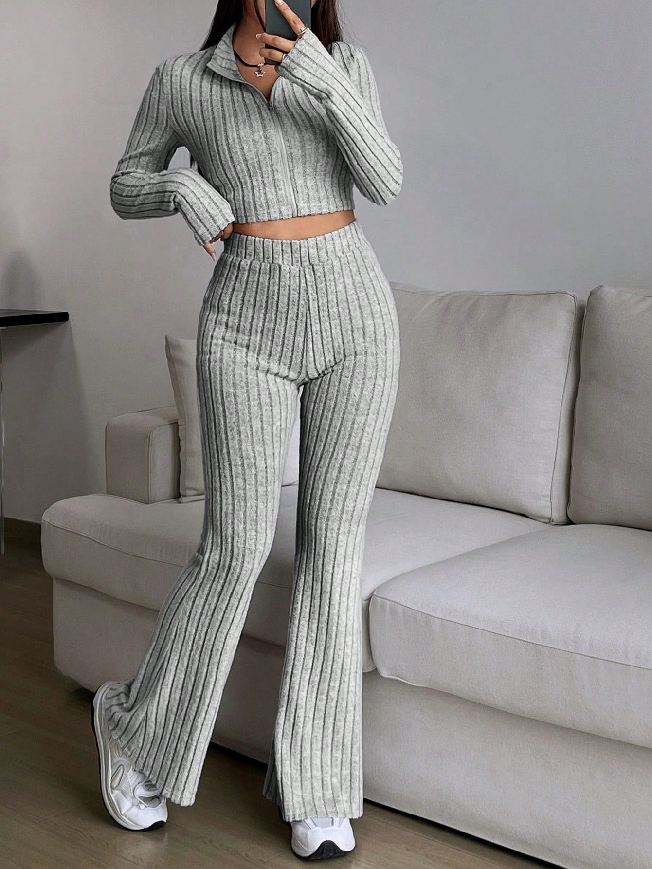 Ribbed Knit T-shirt And Flared Pants Set - Negative Apparel