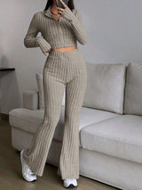 Ribbed Knit T-shirt And Flared Pants Set - Negative Apparel