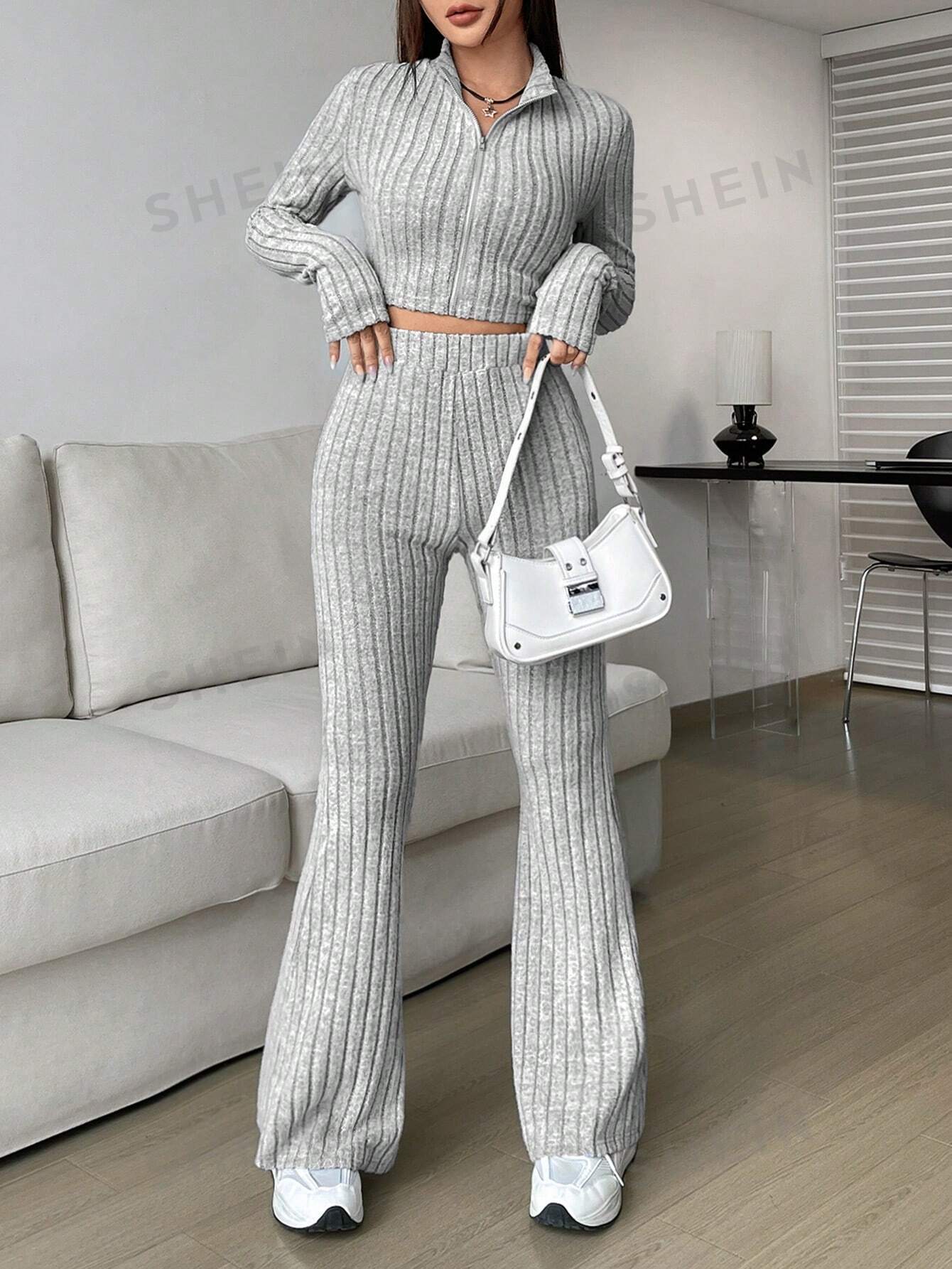 Ribbed Knit T-shirt And Flared Pants Set - Negative Apparel