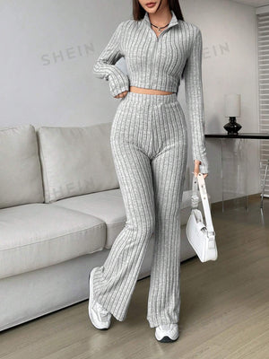 Ribbed Knit T-shirt And Flared Pants Set - Negative Apparel