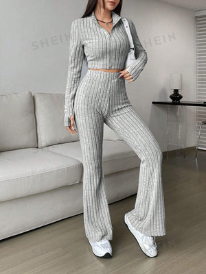 Ribbed Knit T-shirt And Flared Pants Set - Negative Apparel