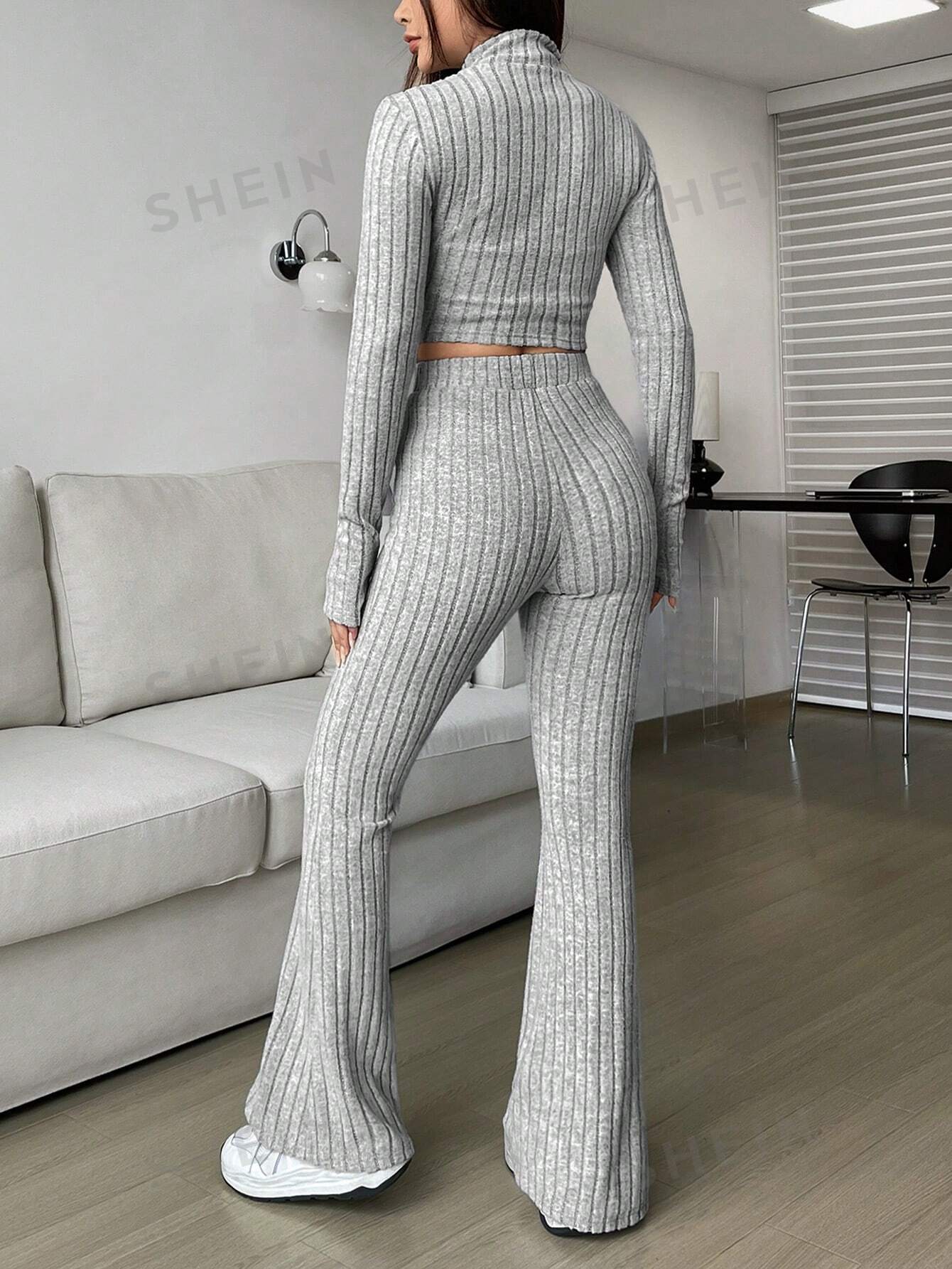 Ribbed Knit T-shirt And Flared Pants Set - Negative Apparel