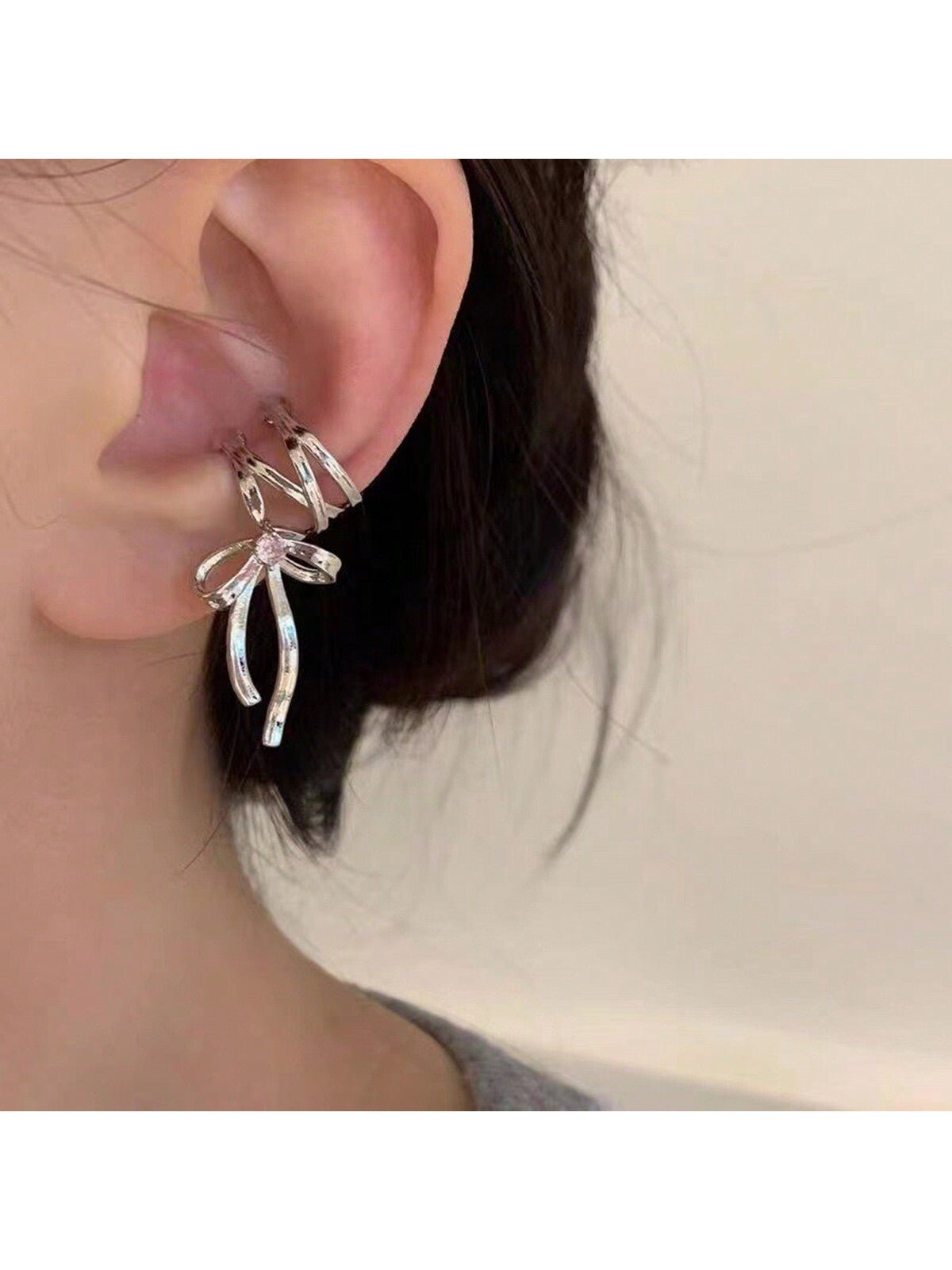 Ribbon Aesthetics|New Hollow Cross Ear Cuff With Cool Ballet Style Ribbon Bow Earrings For Women, 2pcs - Negative Apparel