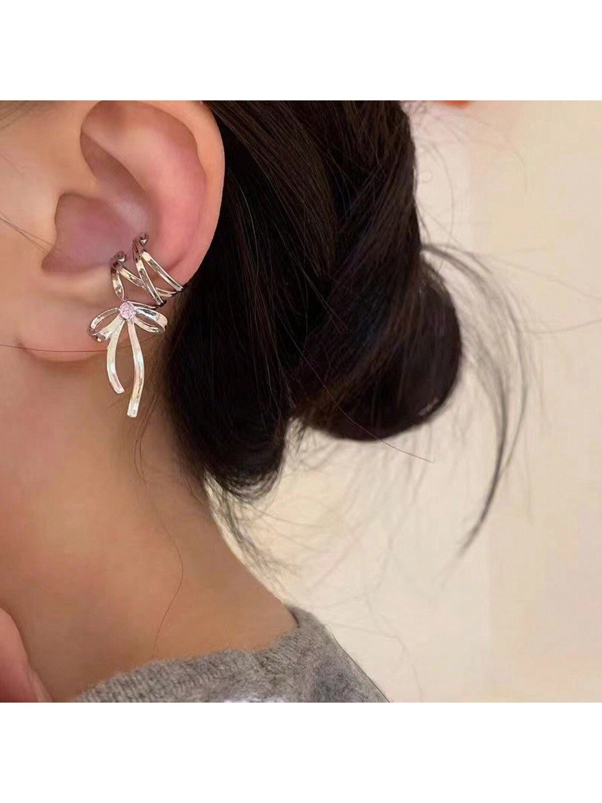 Ribbon Aesthetics|New Hollow Cross Ear Cuff With Cool Ballet Style Ribbon Bow Earrings For Women, 2pcs - Negative Apparel