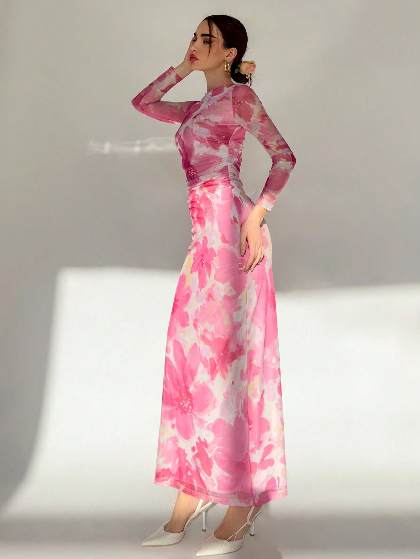 Romantic Date Night Floral Print Pleated Long Sleeve Dress For Women - Negative Apparel