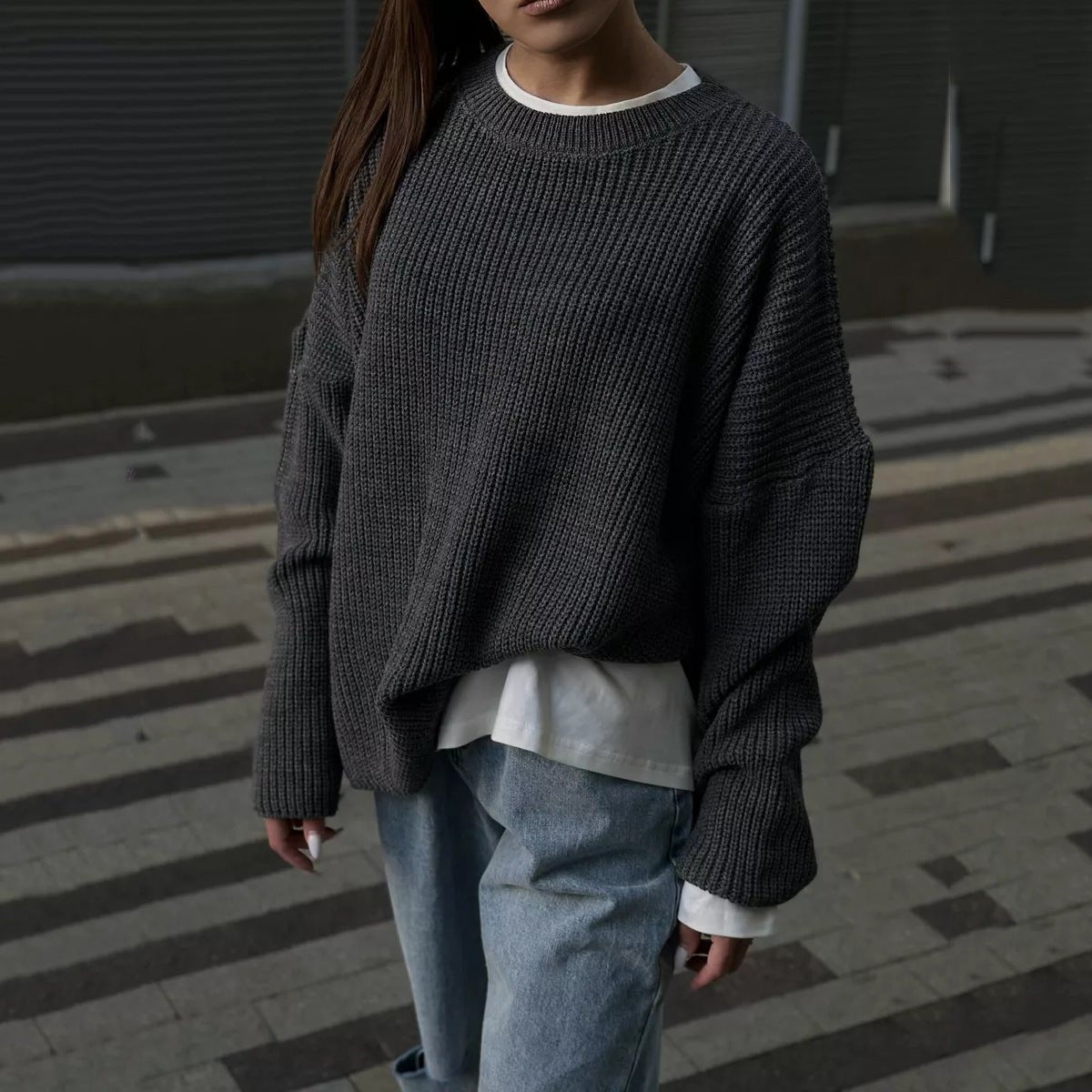 Round neck lantern sleeve knit sweater 2024 new arrivals - Negative Apparel