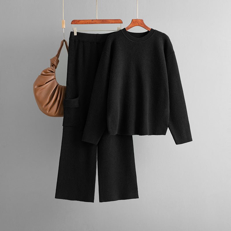 Round neck loose knitted co - ord casual style wide - leg pants two - piece set - Negative Apparel