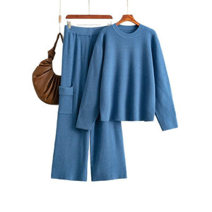 Round neck loose knitted co - ord casual style wide - leg pants two - piece set - Negative Apparel