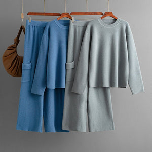 Round neck loose knitted co - ord casual style wide - leg pants two - piece set - Negative Apparel