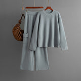 Round neck loose knitted co - ord casual style wide - leg pants two - piece set - Negative Apparel