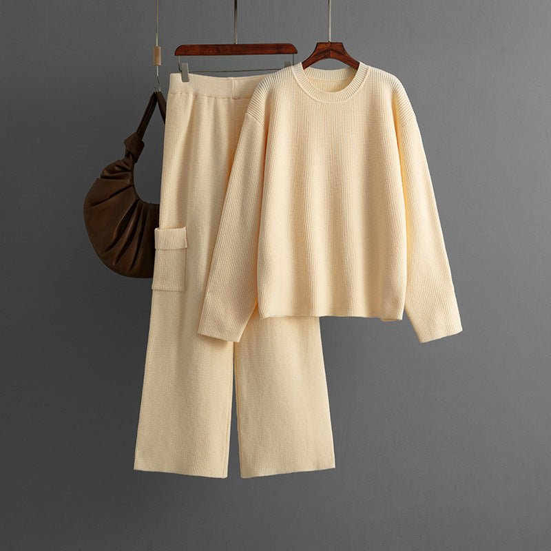 Round neck loose knitted co - ord casual style wide - leg pants two - piece set - Negative Apparel