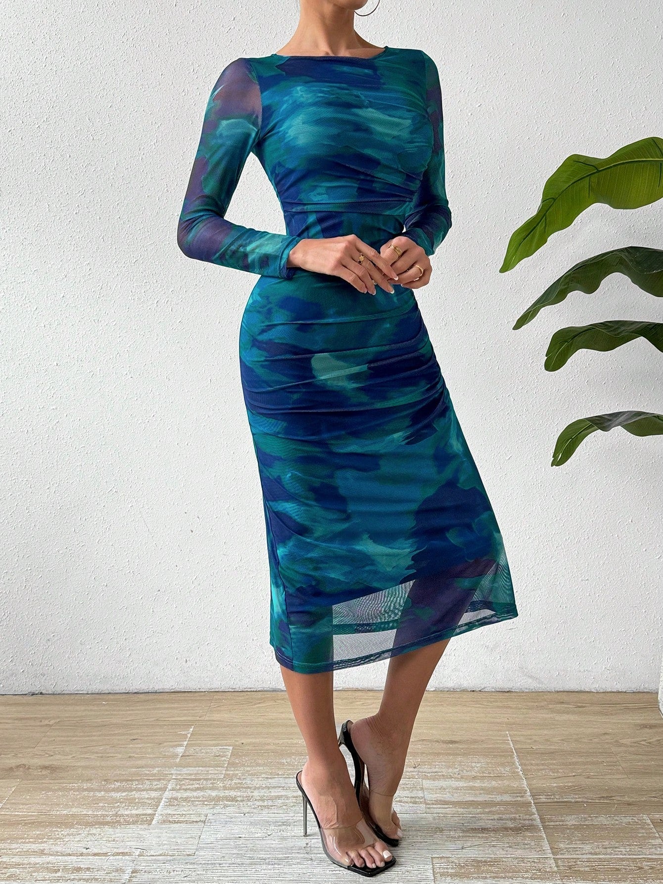 Round Neck Pleated Tie Dye Dress Maxi Women Outfit - Negative Apparel