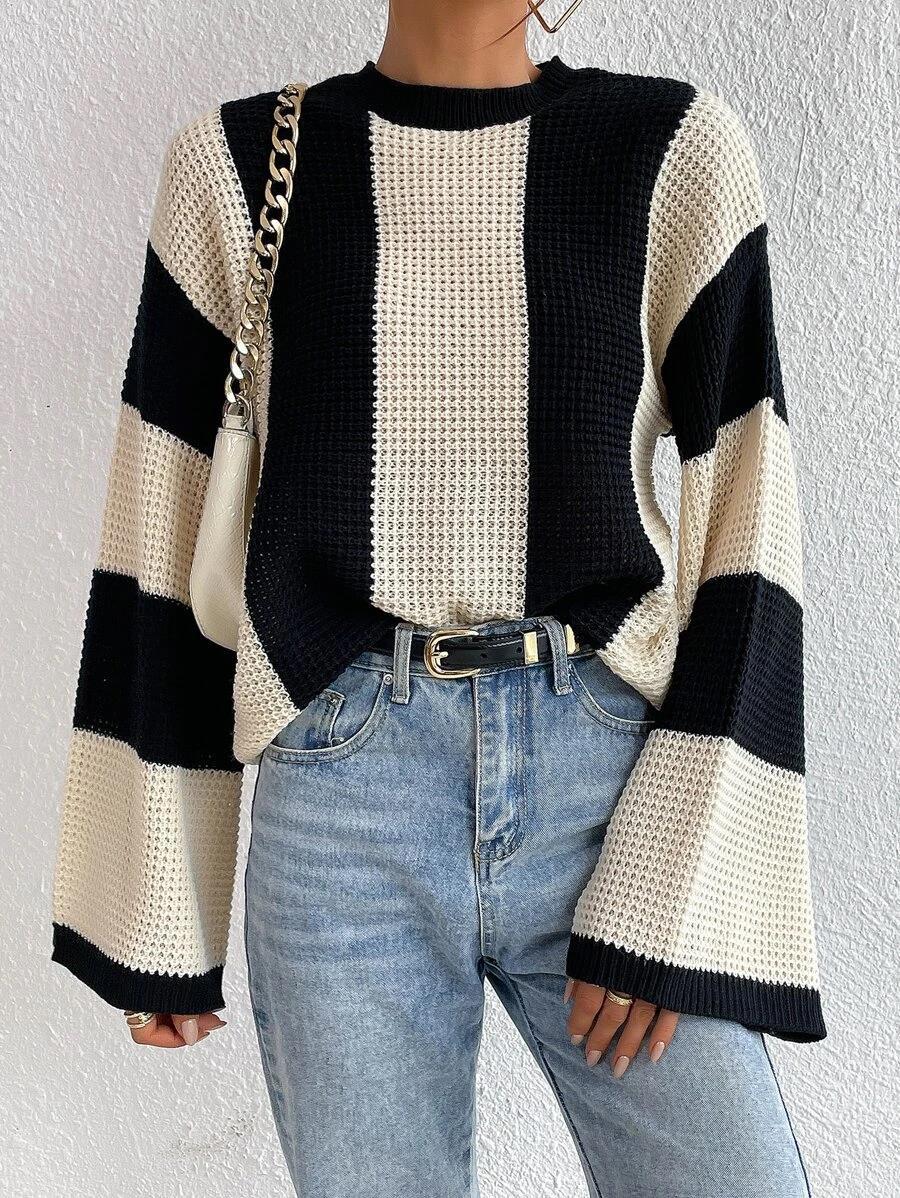 Round Neck Striped Design Niche Sweater - Negative Apparel