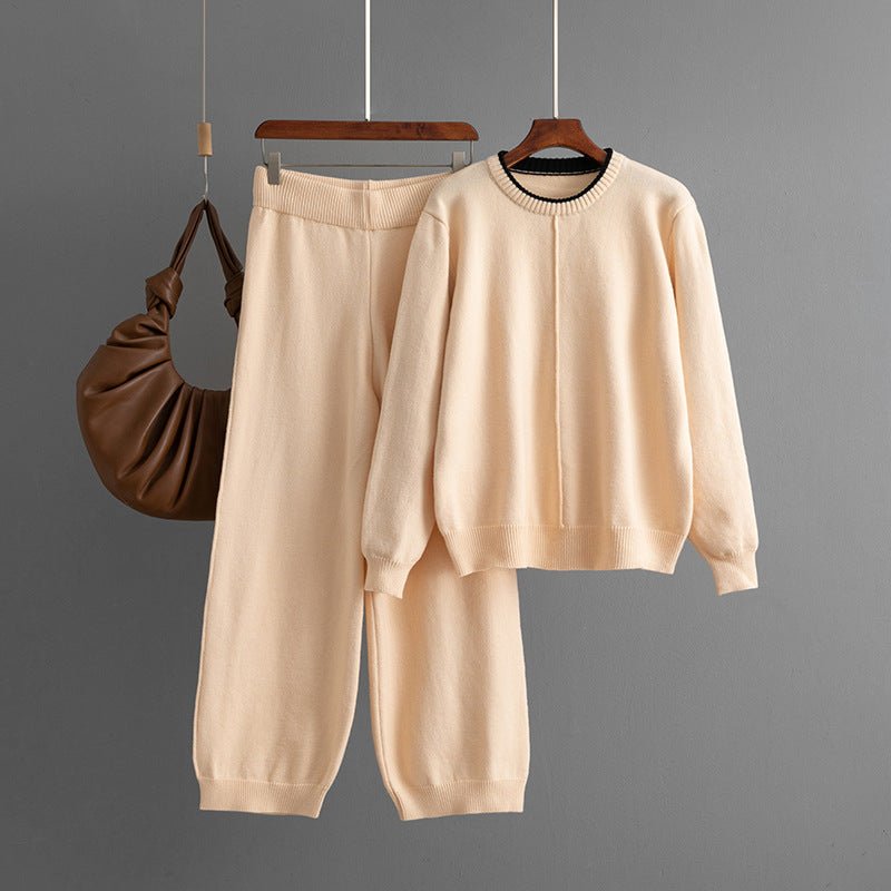 Round solid color knitted loose sweater casual pants two - piece set - Negative Apparel