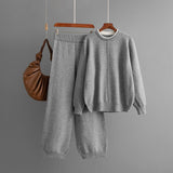 Round solid color knitted loose sweater casual pants two - piece set - Negative Apparel