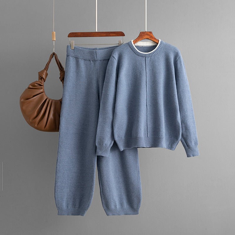 Round solid color knitted loose sweater casual pants two - piece set - Negative Apparel