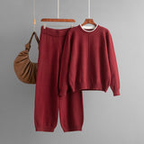 Round solid color knitted loose sweater casual pants two - piece set - Negative Apparel