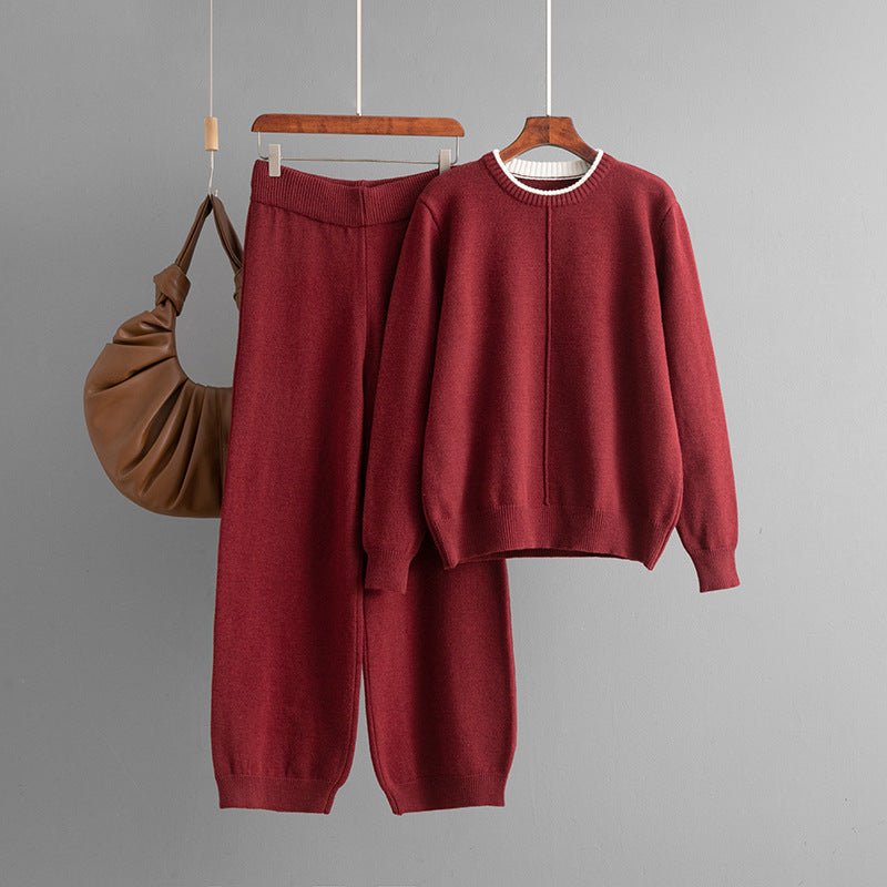 Round solid color knitted loose sweater casual pants two - piece set - Negative Apparel