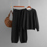 Round solid color knitted loose sweater casual pants two - piece set - Negative Apparel