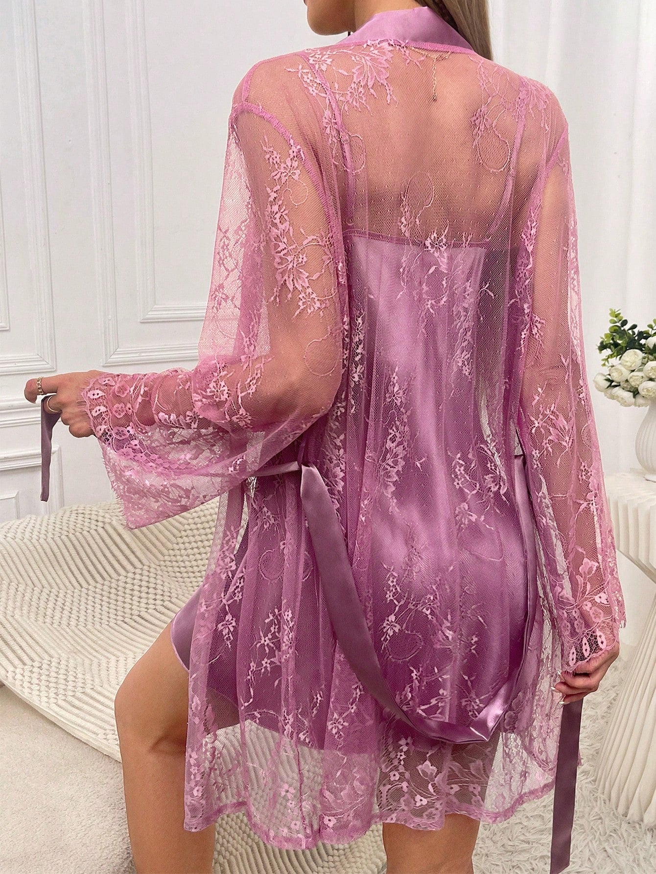 Satin Cami Nightdress & Contrast Lace Robe PJ Set - Negative Apparel