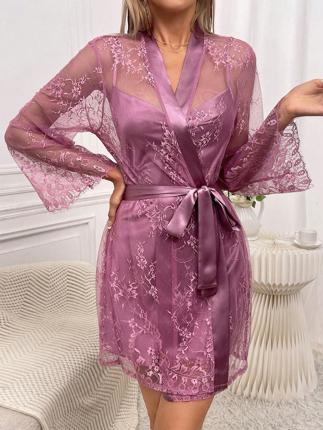Satin Cami Nightdress & Contrast Lace Robe PJ Set - Negative Apparel