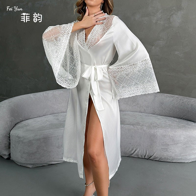 Satin Ethereal | Lace - Trimmed Light Luxury Morning Gown - Negative Apparel