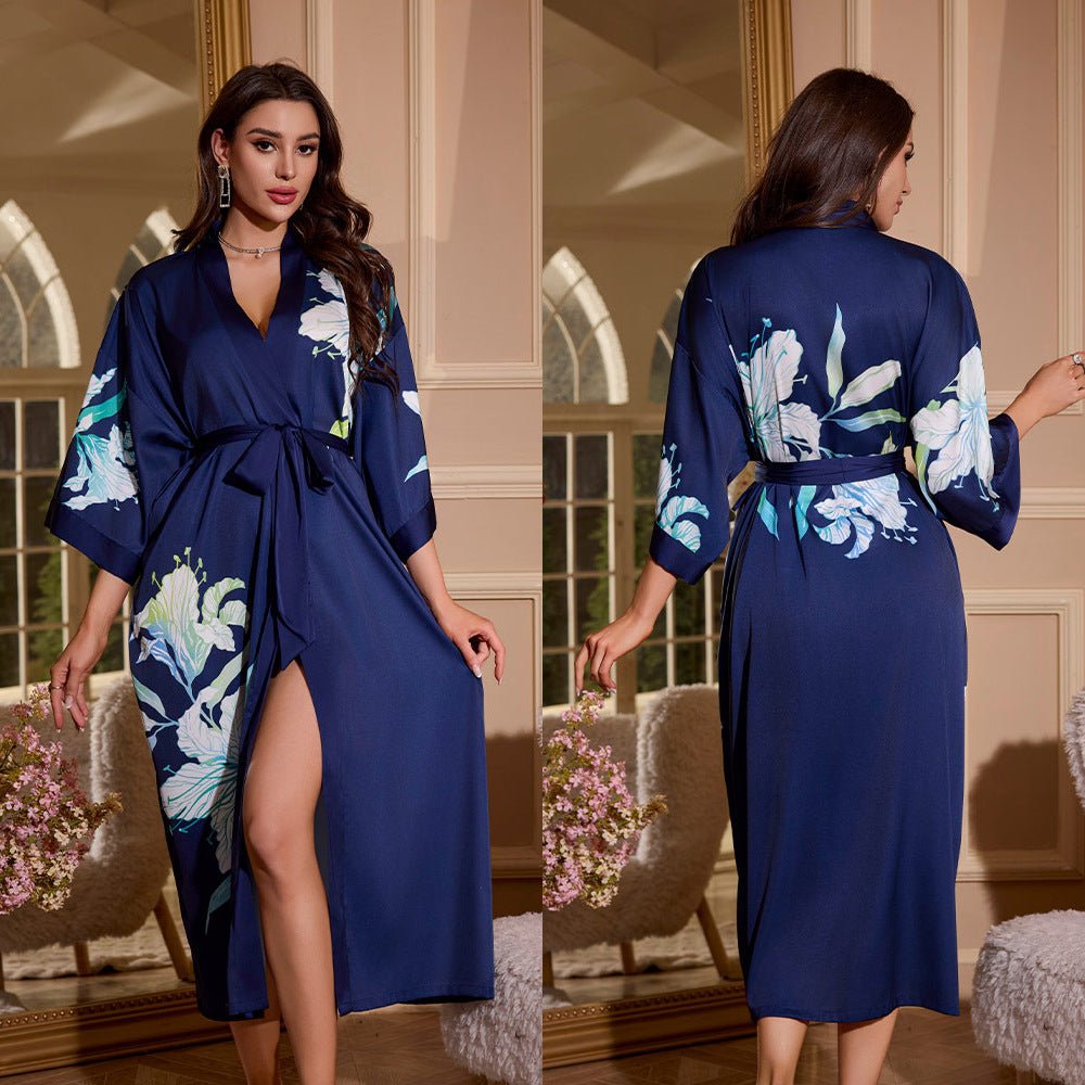 satin large size nightgown women's seven - quarter sleeve loose pajamas women's spring and autumn loungewear set WP3430 - Negative Apparel