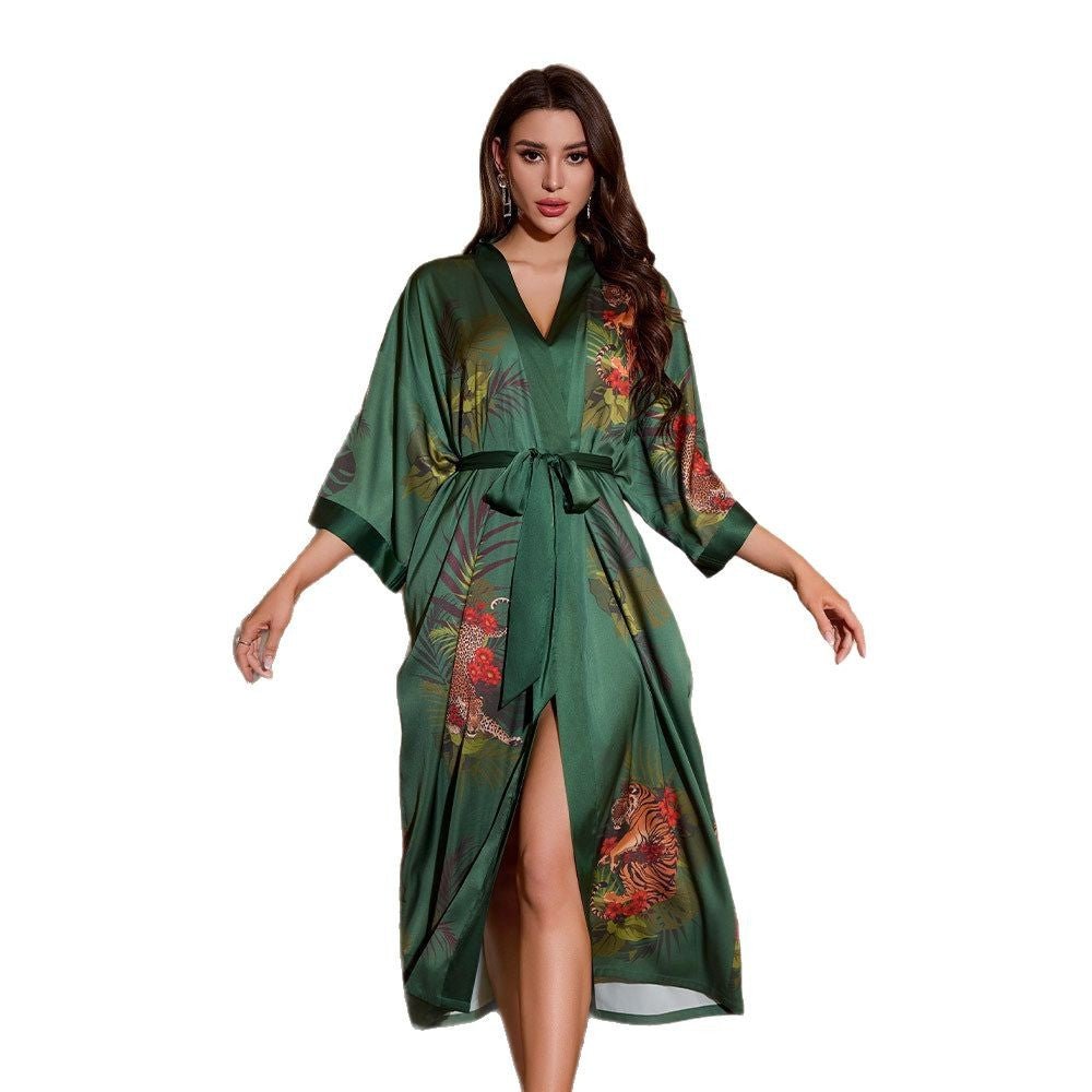satin large size nightgown women's seven - quarter sleeve loose pajamas women's spring and autumn loungewear set WP3430 - Negative Apparel