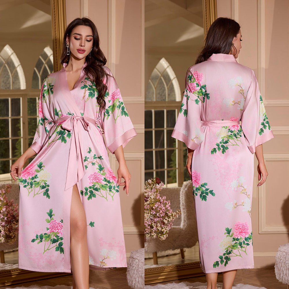 satin large size nightgown women's seven - quarter sleeve loose pajamas women's spring and autumn loungewear set WP3430 - Negative Apparel