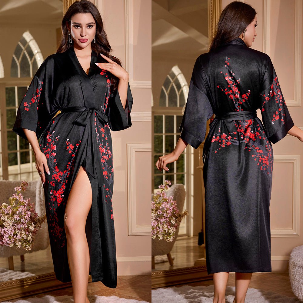 satin large size nightgown women's seven - quarter sleeve loose pajamas women's spring and autumn loungewear set WP3430 - Negative Apparel