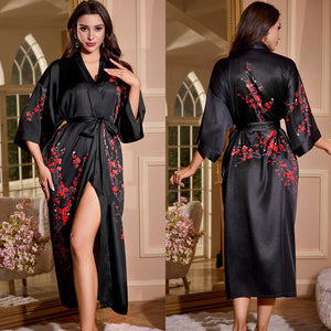 satin large size nightgown women's seven - quarter sleeve loose pajamas women's spring and autumn loungewear set WP3430 - Negative Apparel