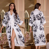 satin large size nightgown women's seven - quarter sleeve loose pajamas women's spring and autumn loungewear set WP3430 - Negative Apparel