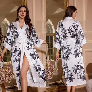 satin large size nightgown women's seven - quarter sleeve loose pajamas women's spring and autumn loungewear set WP3430 - Negative Apparel