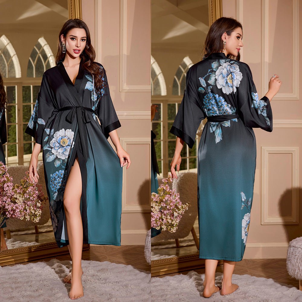 satin large size nightgown women's seven - quarter sleeve loose pajamas women's spring and autumn loungewear set WP3430 - Negative Apparel