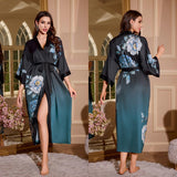 satin large size nightgown women's seven - quarter sleeve loose pajamas women's spring and autumn loungewear set WP3430 - Negative Apparel