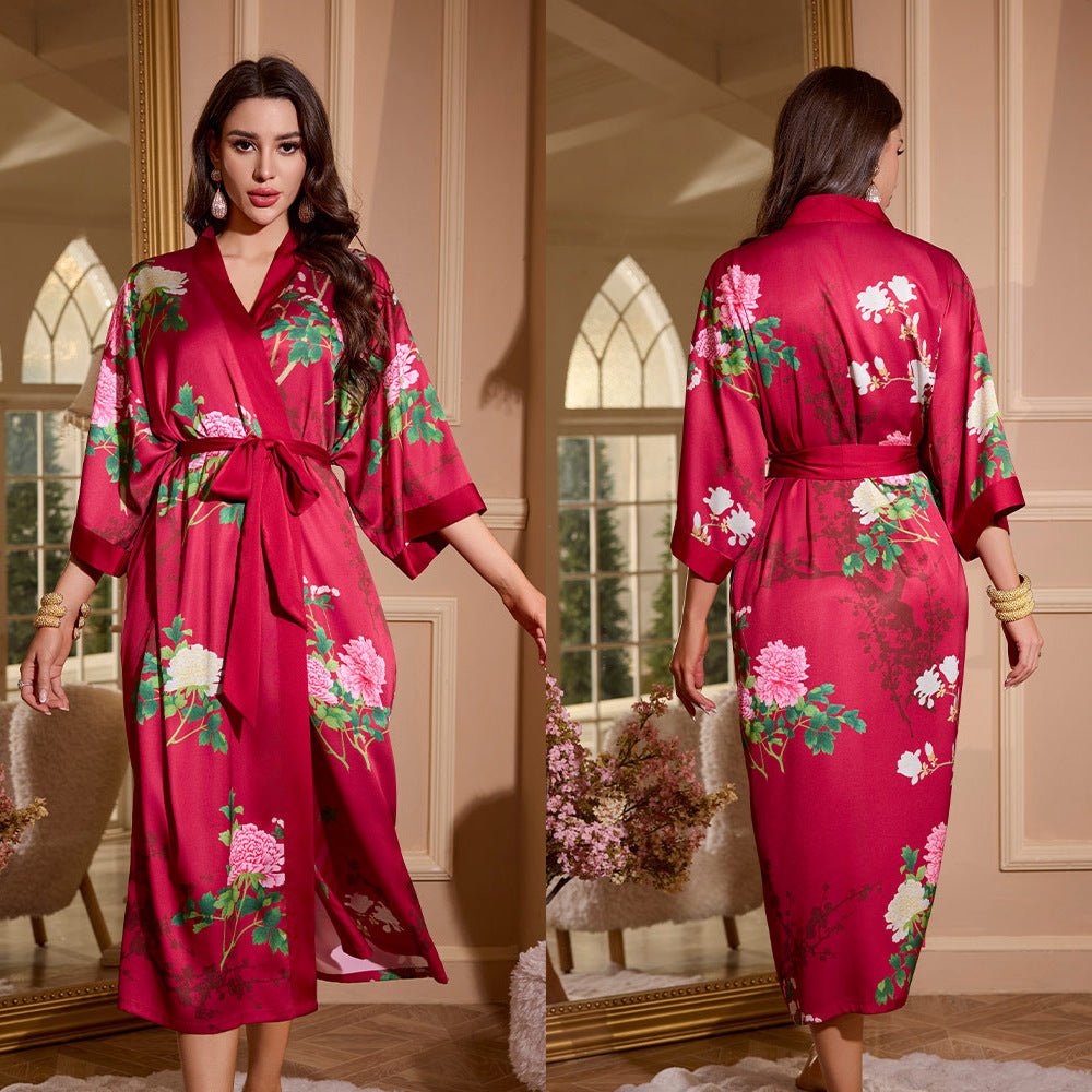 satin large size nightgown women's seven - quarter sleeve loose pajamas women's spring and autumn loungewear set WP3430 - Negative Apparel