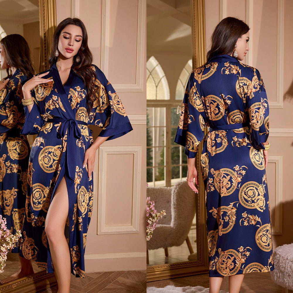 satin large size nightgown women's seven - quarter sleeve loose pajamas women's spring and autumn loungewear set WP3430 - Negative Apparel