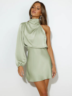 Satin One - Shoulder Midi Party Dress - Negative Apparel